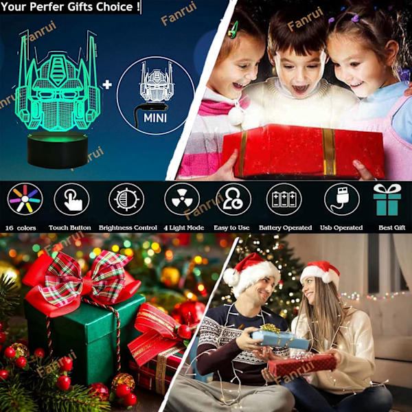 Coola Transformers Bots Optimus Prime Actionfigur Autobots 3D Knight Transfigur 16 Färgväxlande LED Nattlampa Dekoration Fans Män Pojkar Barn Tonåringar