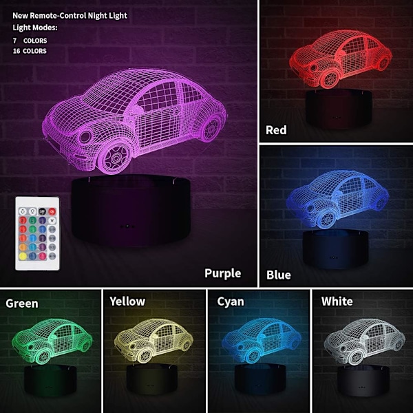 3D Natlys Beetle Bil & Sportsvogn, LED Illusion Lampe 7 Farver og 16 Farver Skiftende Bord Skrivebord Sengelamper Soveværelse Dekoration Optiske Lamper