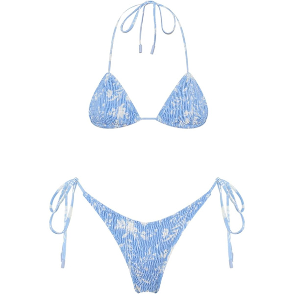 WJSM Dame Trekantet Bikini String Badetøj Print Binde Smocked Ruched Todelt Badedragt Sæt Sky Blue S