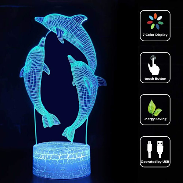 3D Yövalo LED Illuusio Työpöytälamppu 7 Väriä Vaihtuu USB-kaapeli Kosketuspainike Joulu Syntymäpäivälahja Lapsille Leikki (delfiini)