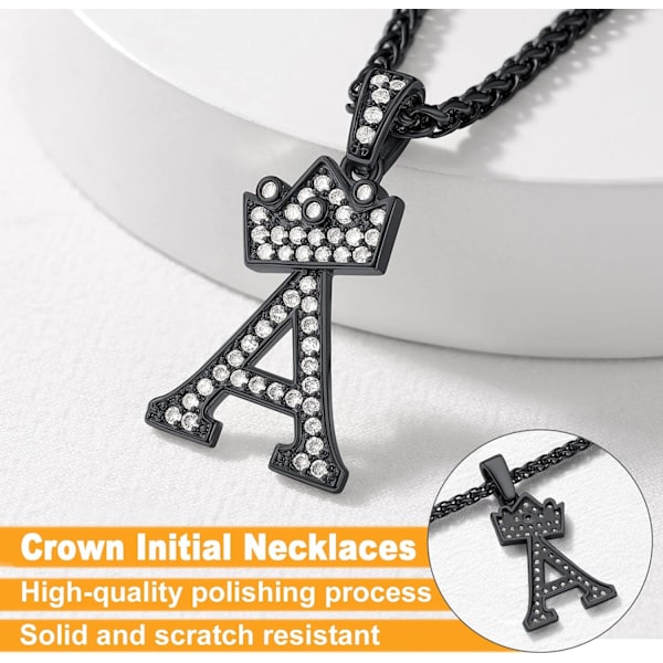 Krona Initial A-Z Halsband, Iced Out Letter Hänge med 22-24 Tums Kedja, Män Kvinnor Bling Hip Hop Alfabet Namn Smycken Present Stora Initialer Halsband A Black