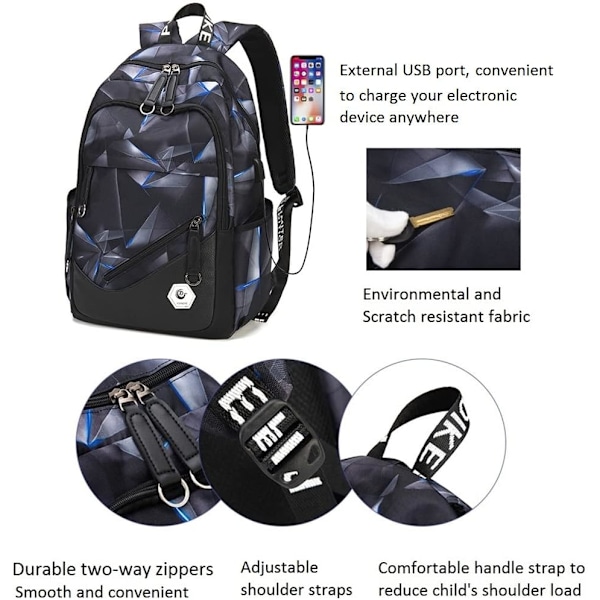 Skolryggsäck för tonårspojkar Laptop Bookbag Barn Skolväska för grundskolan Black+blue Style A-with USB Port