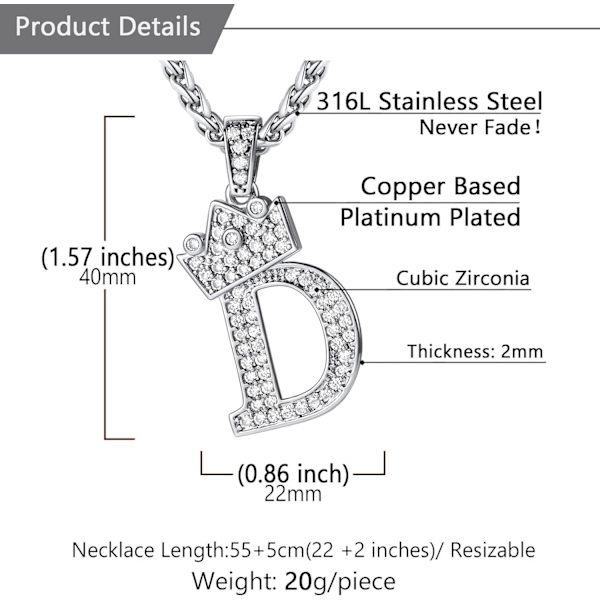 Krone Initial A-Z Halskæde, Iced Out Bogstav Vedhæng med 22-24 Tommer Kæde, Mænd Kvinder Bling Hip Hop Alfabet Navn Smykker Gave Store Initialer Halskæder D Silver