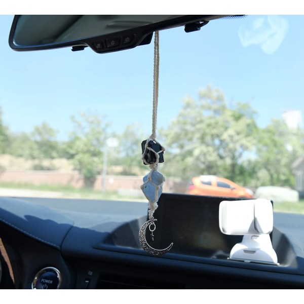Hanging Car Charm - Black Tourmaline & Blue Calcite - Dangling Moon & Healing Crystal Accessories, Rearview Mirror Decorations