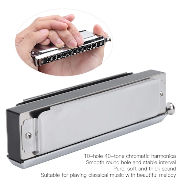 Kromatisk Harmonika 10 Huller 40 Toner 2‑Sidet Polyfonisk Spille Mundharmonika Sølv