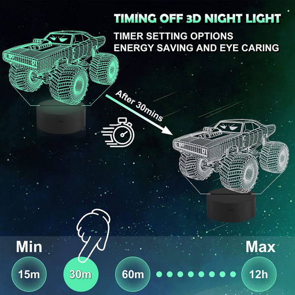Qinwei Monster Trucks Night Light Vroom 3D illuusiolamppu 16 väriä vaihtuu kaukosäätimellä Luovia syntymäpäivälahjoja lapsille pojille makuuhuoneen sisustus