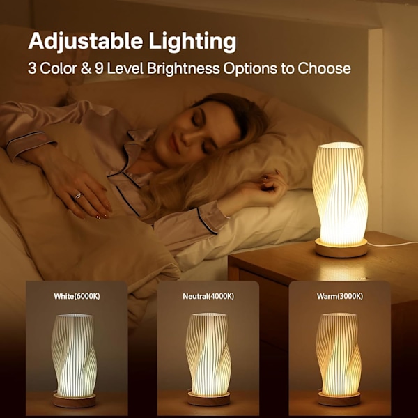 Knappkontrollert bordlampe for soverom 12-veis dimbar nattbordslampe med PLA-skjerm for stue, barnerom, kontor