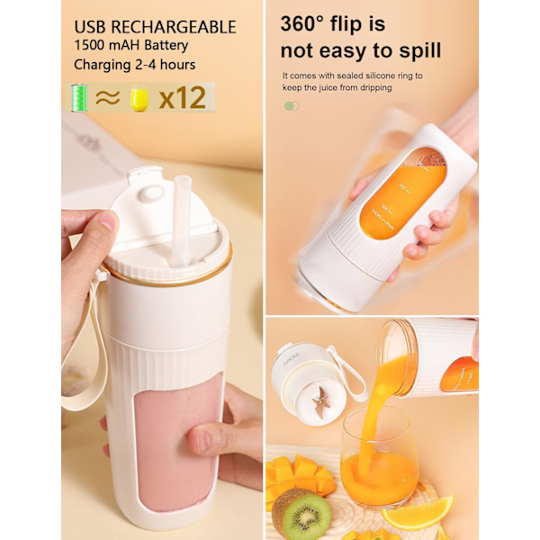 Bärbar Blender, Personlig Blender för Shakes och Smoothies, Mini Blenderflaska USB Laddningsbar, Bärbar Saftkopp med 10 Blad