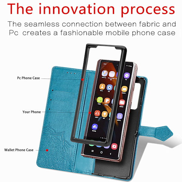 Plånboksfodral för Samsung Galaxy Z Fold 3, präglat läderfolio-flipfodral med handledsskydd, stötsäker kortfack