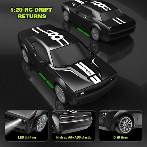 RC Driftbil 2.4GHz 1:20 Skala 4WD 20KM/H Hög Hastighet Fjärrstyrd Bil med LED-lampor Driftdäck 2 st Laddningsbara Batterier Leksaksbil Black