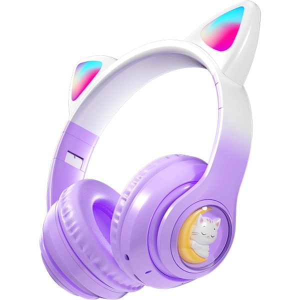 Kattöron Bluetooth-hörlurar, trådlösa barn hörlurar med mikrofon, hopfällbara LED-ljus upp över örat hörlurar volymbegränsade 85dB flickor hörlurar Purple