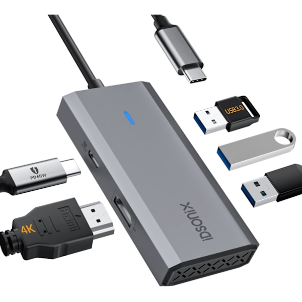 5-i-1 Aluminium USB C Hub Dockingstation med 4K HDMI, 60W Power Delivery, USB 3.0 5Gbps Data porte, til MacBook Air/Pro, iPad, HP, Dell og mere