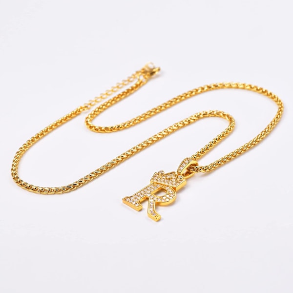 Crown Initial A-Z Halsband, Iced Out Letter Hänge med 22-24 Tums Kedja, Män Kvinnor Bling Hip Hop Alfabet Namn Smycken Present Stora Initialer Halsband R 18K Gold