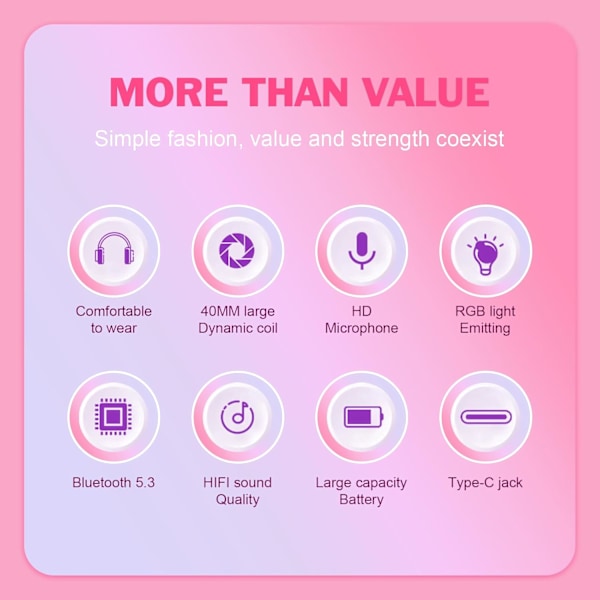 Barn Bluetooth-hörlurar med mikrofon & 3,5 mm-kontakt, trådlösa hörlurar för tonåringar och småbarn med justerbar huvudband Pink