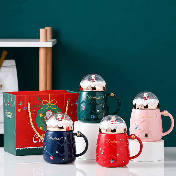 Julekrus i keramik, sød kop med låg, håndtag, ske, genanvendelig julemandstekrus, sjove julegaver til kvinder og mænd (500 ml blå)