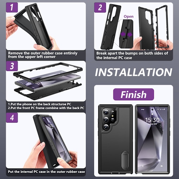 Samsung S24Ultra Mobilskal med Inbyggt Ställ, Stöttåligt/Dammtätt/Fallsäkert Militärklassat Skyddsfodral för GaIaxy S2 Black
