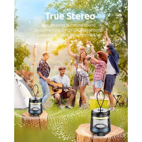 Bärbar Bluetooth-högtalare, 360° RGB-ljus, 25 timmars speltid, magnetisk bas, IPX5 vattentät, Type-C snabbladdning, 5W stereoljud, Co black