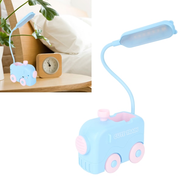 Minitog LED Nattbordslampe Øyebeskyttelse Study Leselys USB Lading med penneholder for barn Blue