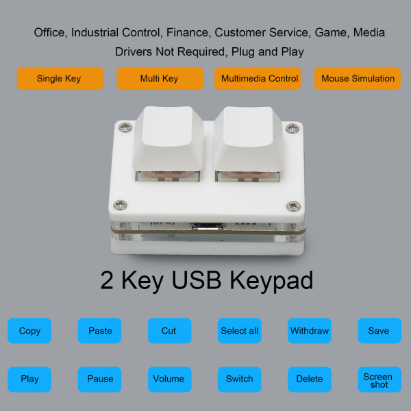 Minitastatur 2 taster USB Red Switch Plug and Play Ergonomisk programmerbart tastatur med bakgrunnsbelyst for gaming Office Media