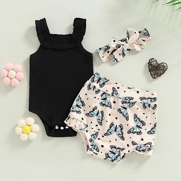 Babykläder Flicka Sommar Söta Kläder 12 18 Månader Spaghettiband Romper & Blommig Shorts Set black 80CM