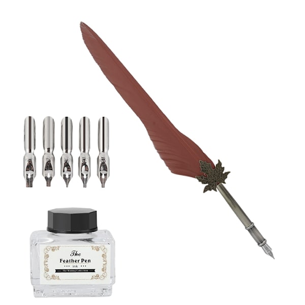 Europeisk Retro Quill Legering Fjäder Skrivande med Pennnibbar Presentask Set Med Bläckflaska Brun