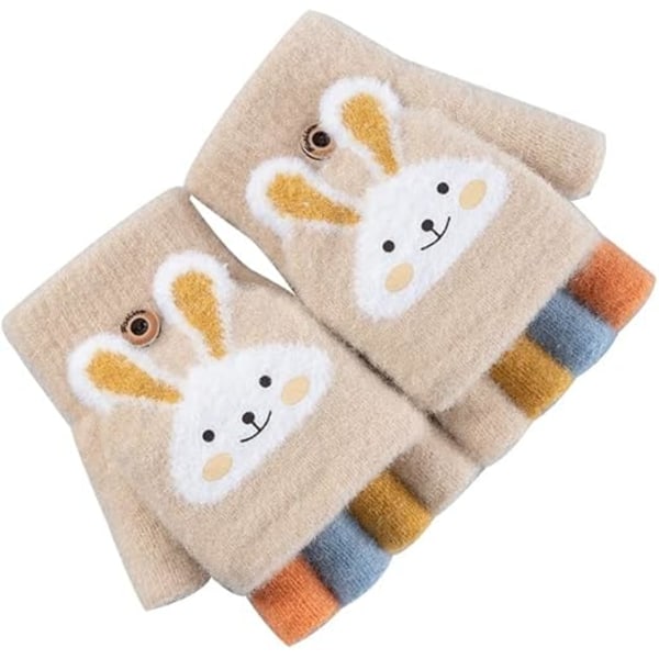 Kids Convertible Fingerless Gloves Cat Bunny Knit Flap Cover Mittens Half Finger Stretchy Mitten Glove for Girls Boys 6-12Y