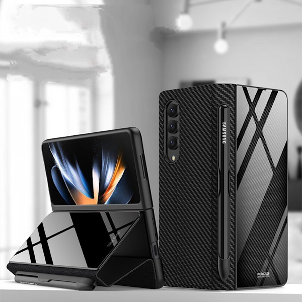 Til Samsung Galaxy Z Fold 4 Etui med S-Pen Holder Flip Plating Glas Crystal Hybrid Læder All-Inclusive Cover, med hængselbeskyttelse