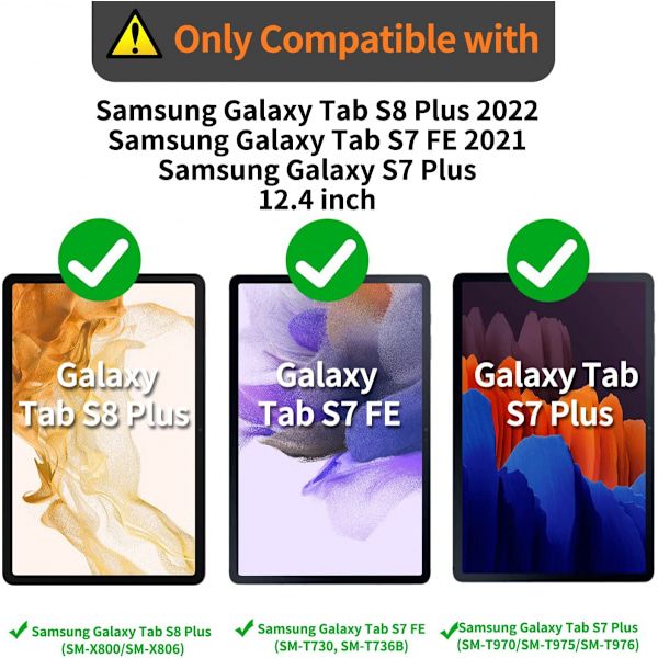 Tab S7 Plus S7+ 12,4\" 2020 (SM-T970/T975/T976) Deksel, 360 Graders Roterende Stativ/Håndstropp, [Skjermbeskytter] Galaxy Tab S7+ Svart Håndstropp