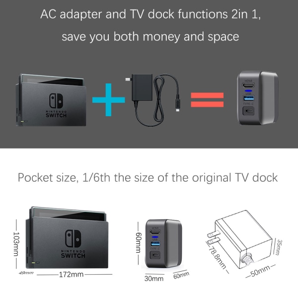 Switch Dock -laturiadapteri Switch OLED:lle, 3-in-1 Switch -laturi televisiolle, Switch TV -telakka USB 3.0 -portilla (EU-pistoke)