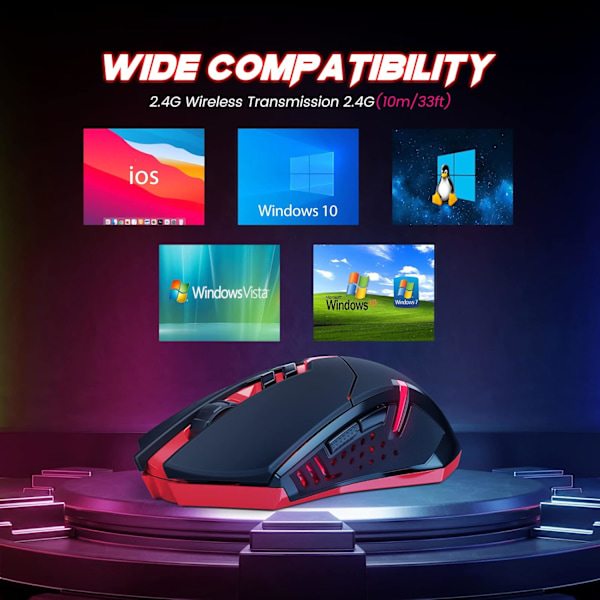 Trådlös Spelmus - USB Sladdlös PC-Tillbehör Datormöss med LED-Bakgrundsbelysning, Mus med 7 Tysta Knappar, 5 Justerbara DPI Plug&Play Red