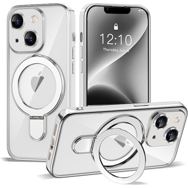 iPhone 14 Skal med Osynlig Magnetisk Ringstativ [Kompatibelt med Mag-Safe] [Fullständigt Kameralinsskydd] Pläterad Klar för iPhone Silver
