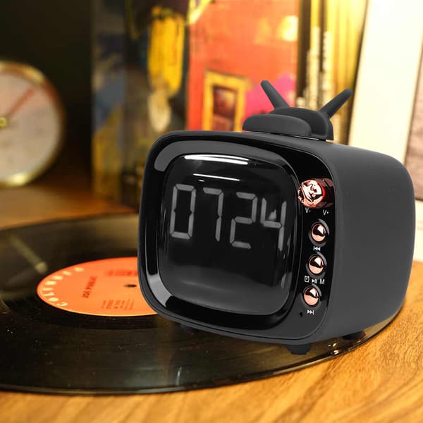 TV-formet ur med Bluetooth-lyd og dobbelt alarm (sort)