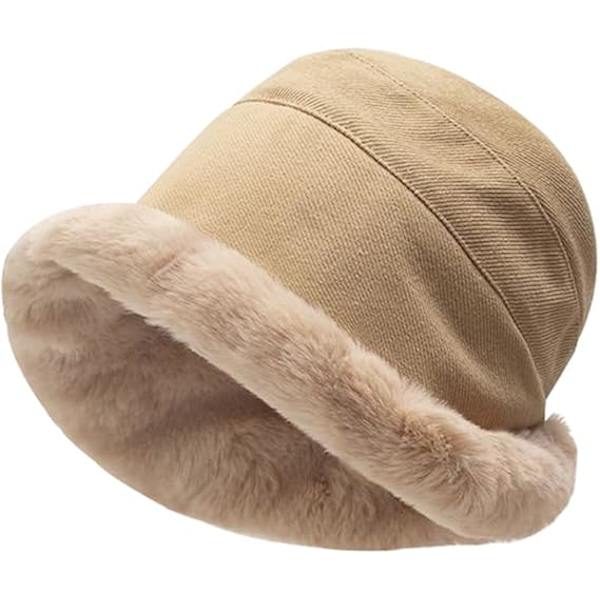 Plush Fuzzy Bucket Hat för Kvinnor Varm Fluffig Konstgjord Päls Fiskehatt Vinter Skid Utomhus Vindtät Varm Fleecefodrad Hatt Beige