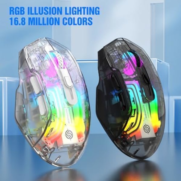 Bluetooth Trådløs Mus, Tri-Modus 2.4G/USB-C/Bluetooth Mus Opptil 3600 DPI, Transparent Mekanisk Spillmus, Chroma RGB Bakgrunnsbelyst White