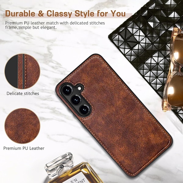 Samsung Galaxy S25 6.2 tum Skal, Premium Läder Klassisk Lyx PU Halkfritt Grepp Robust Stötfångare Stöttåligt Fullständigt Kroppsskydd Brown
