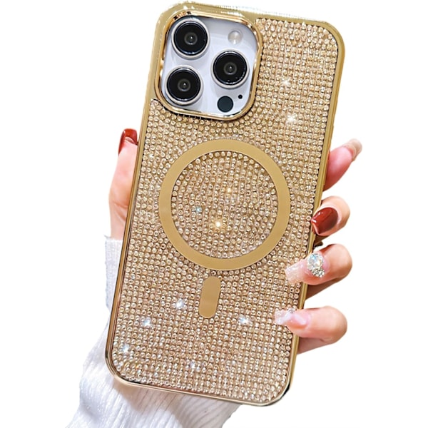 iPhone 16 Pro Max -kotelo, [Yhteensopiva MagSafe kanssa] Glitteri Kristallitimantti Strassi Kimalle Kimaltava Puskuri Kameran Linssin Suoja S Glod