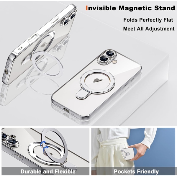 Kompatibel med iPhone 16 Plus Cover med Magnetisk Ring Stand [Kompatibel med Mag-Safe] [Fuld Kameralinse Beskyttelse] Belægning Klar Ph Silver