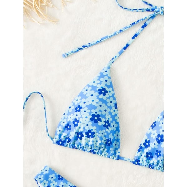 WJSM Dame Halterneck Tie Side Triangle Bikini Set Høy Skjæring 2 Delers Bikini Badetøy Blue Floral XL