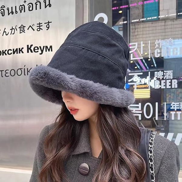 Plush Fuzzy Bucket Hat för Kvinnor Varm Fluffig Konstgjord Päls Fiskehatt Vinter Skid Utomhus Vindtät Varm Fleecefodrad Hatt Black