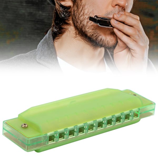 Harmonika i plast, gjennomsiktig, 10 hull med oppbevaringsboks for barn, musikkinstrument Green