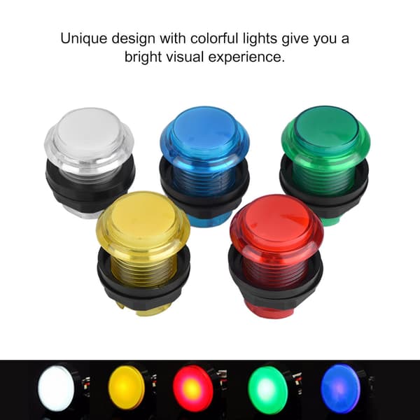 5 stk. runde trykknapper med farverig LED-lys til oplyst arkade-videospil
