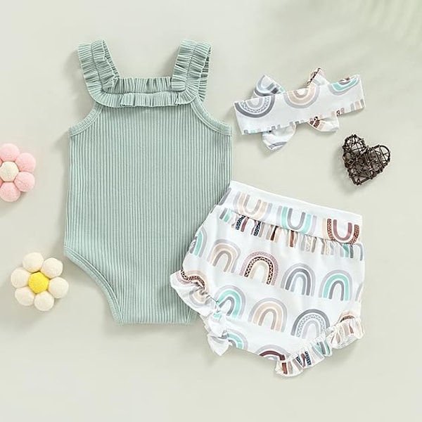 Babykläder Flicka Sommar Söta Kläder 12 18 Månader Spaghettiband Romper & Blommiga Shorts Set green 90CM