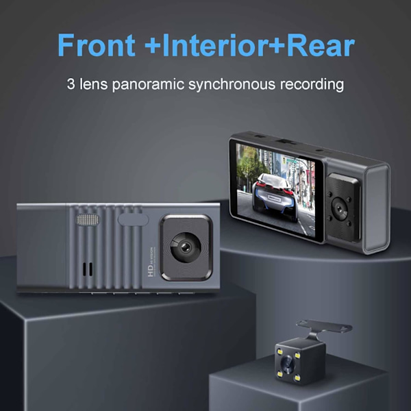 Dashcam - Fram och bak inuti 1080P Dash Camera för bilar, 3-kanals Dashcam trevägs bilkamera med infrarött nattseende, loop-inspelning, APP Black