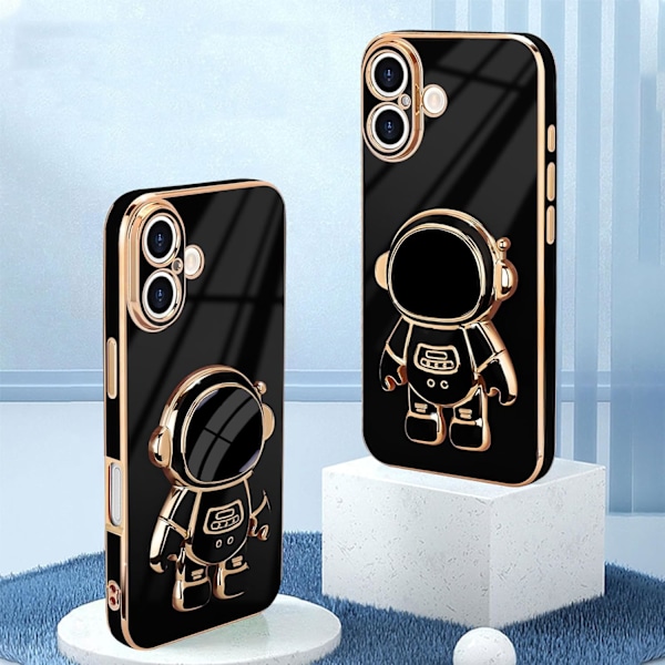 För iPhone 16 Plus Skal, Sött 3D Astronaut Ställ med [2 Skärmskydd] [Kameraskydd] Stötfångare Stöttåligt Bling Silikon S black