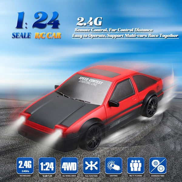 RC-driftauto, 1:24 kauko-ohjattava huippunopeudella ajava driftaava auto, 2,4 GHz 4WD sähköinen urheiluauto, jossa kaksi akkua ja ajovalot