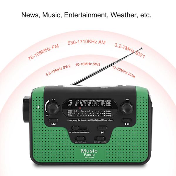 FM/AM/SW-aurinkokäyttöinen käsikampi-radio, muistikortti, musiikki Bluetooth-handsfree-puheluille, aurinkokäyttöinen FM-radio, vihreä