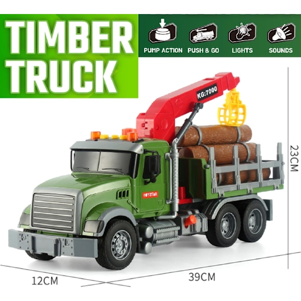 Timber Logging Truck med funksjonell lastekranleke og bunt med tømmerstokker, stor 15\" semi-transport tilhenger lekesett for barn