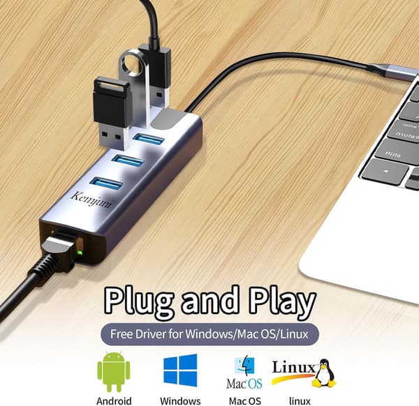 USB C til Ethernet-adapter 4-i-1 aluminium USB C til Ethernet-adapter med 3 USB 3.0-porte til MacBook Pro 2019/2018/2017, Chromebook, Linux