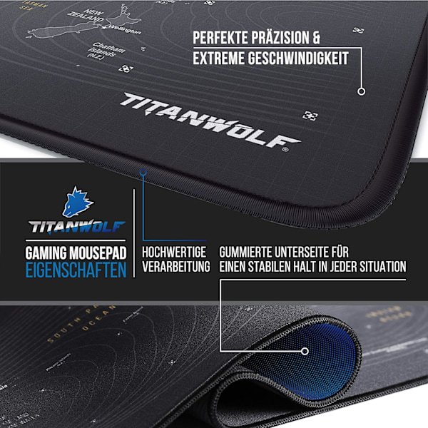 Titanwolf XXL Speed Gaming musemåtte - Verdenskort - 900 x 400 mm - XXL - Stor størrelse - Forbedrer præcision og hastighed