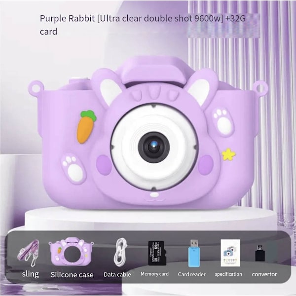 Lasten kamera, jolla voi ottaa kuvia ja videoita, lasten syntymäpäivälahjat, pieni järjestelmäkamera, sarjakuvalelut Purple Rabbit 32G Memory Card